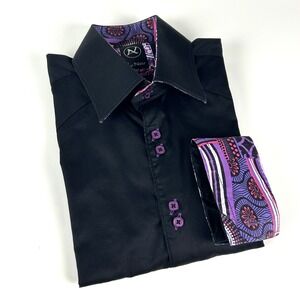 Au Noir Shirt Mens 5 XL Black Link Cuffs Button Up Roll Tab Sleeve Contrast Trim